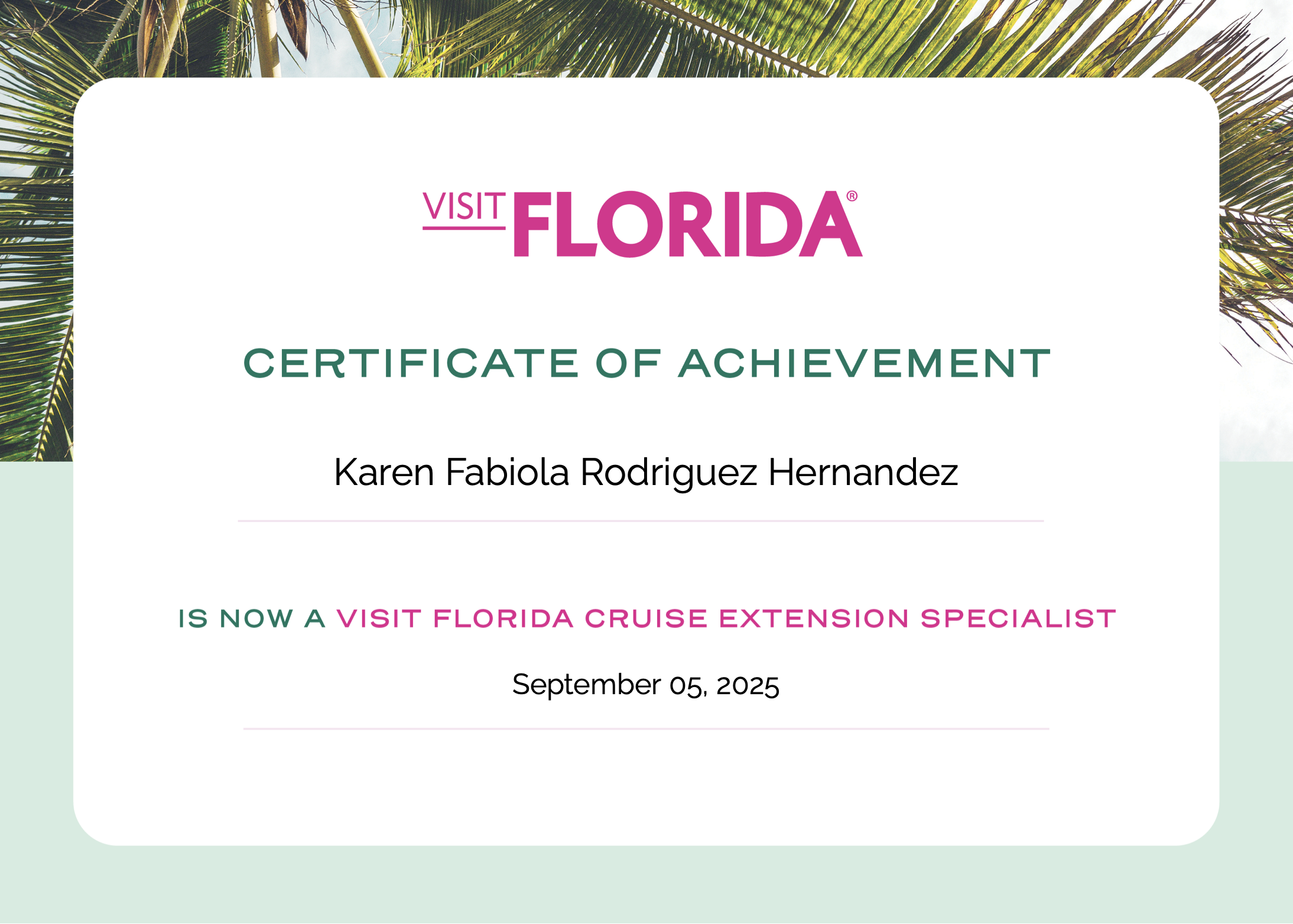 Certificado Visit Florida Cruise Extension Specialist