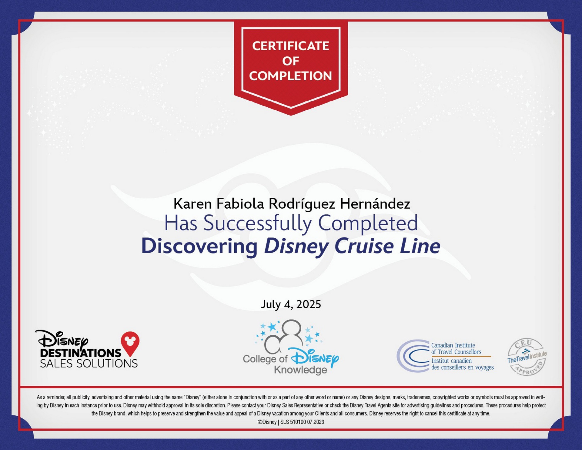 Certificado oficial Disney Cruise Line
